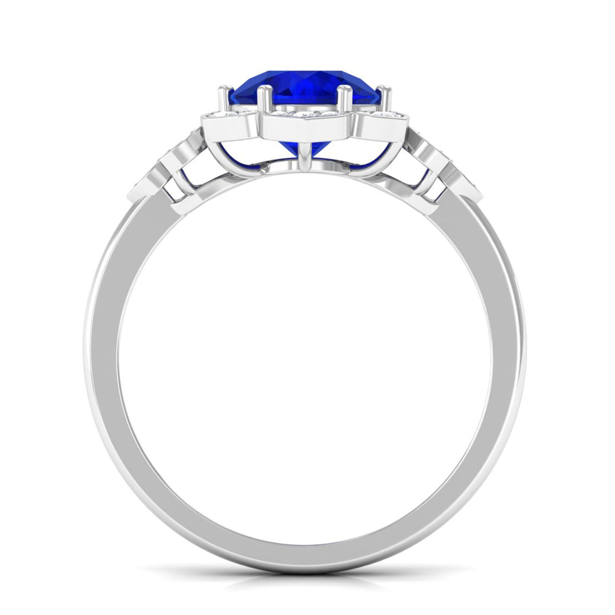 Vibrant Grown Labs-Round Created Blue Sapphire Flower Engagement Ring with Diamond