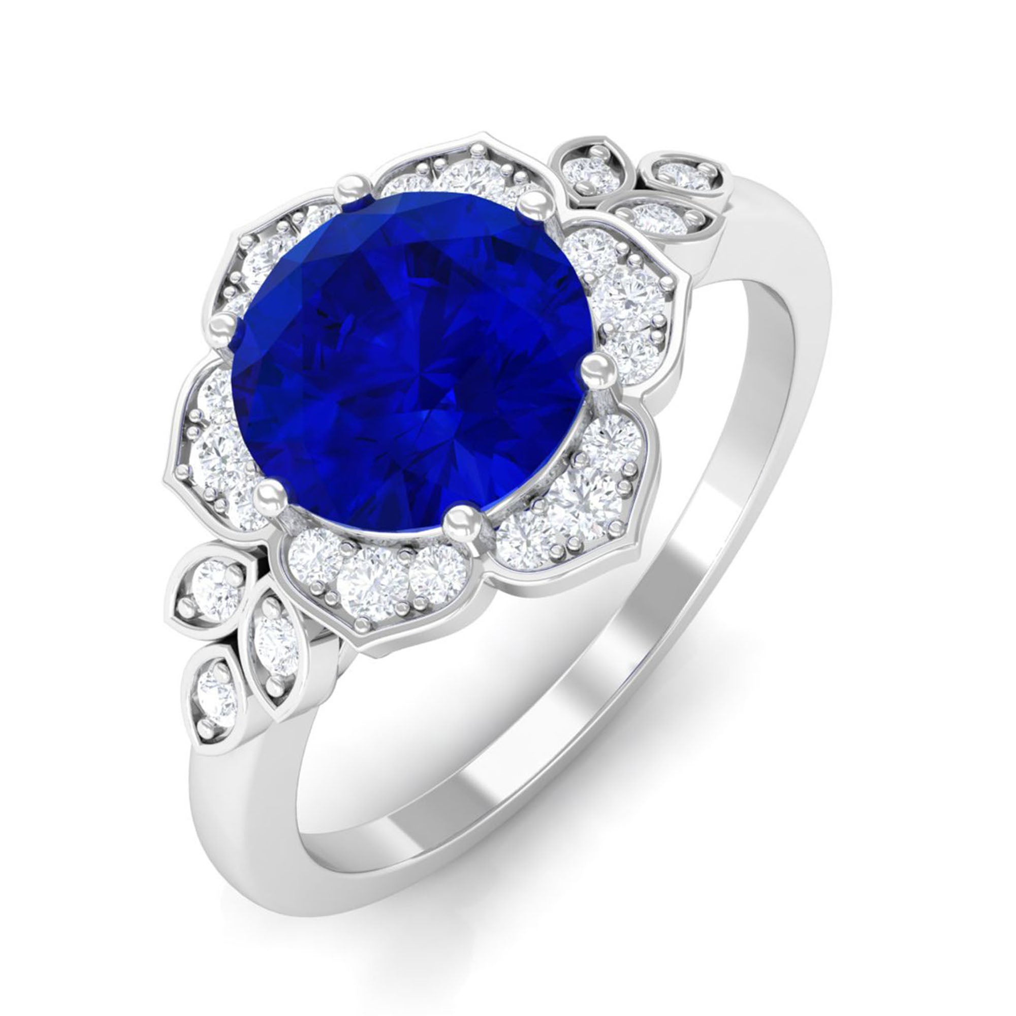 Vibrant Grown Labs-Round Created Blue Sapphire Flower Engagement Ring with Diamond