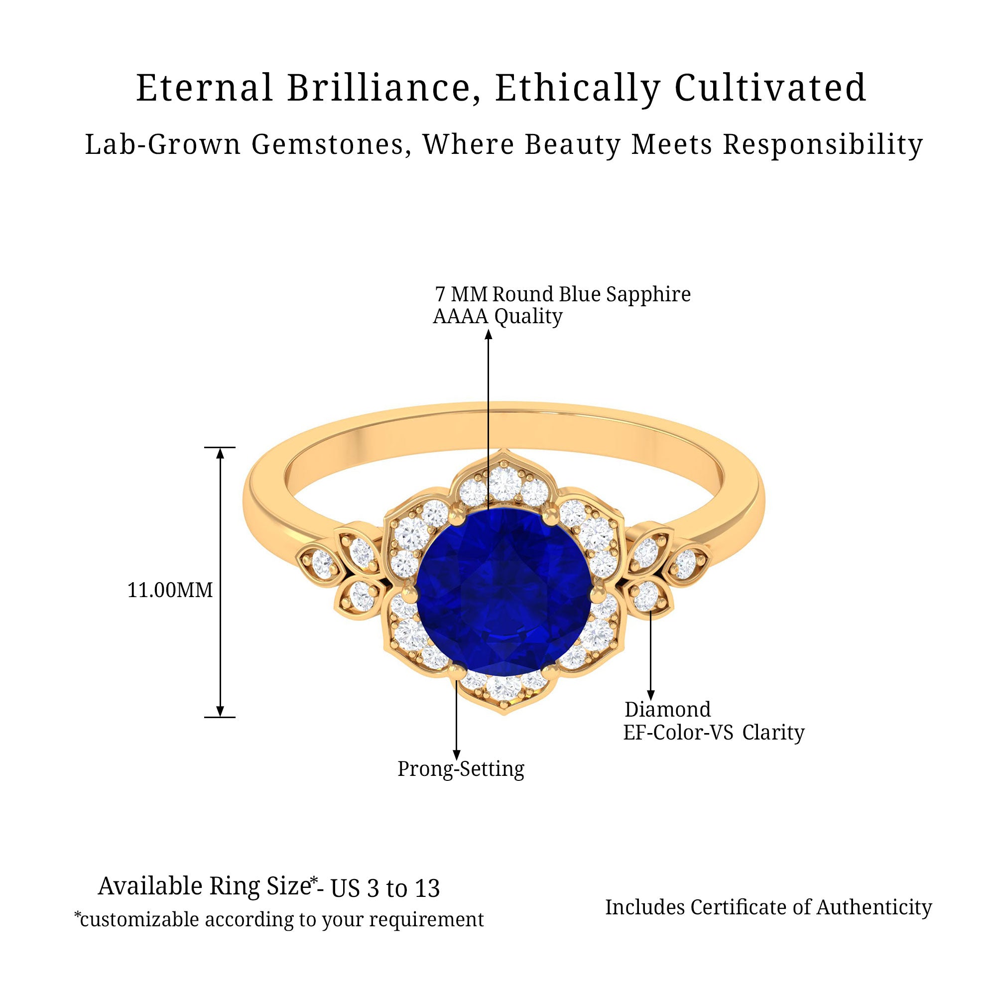 Vibrant Grown Labs-Round Created Blue Sapphire Flower Engagement Ring with Diamond