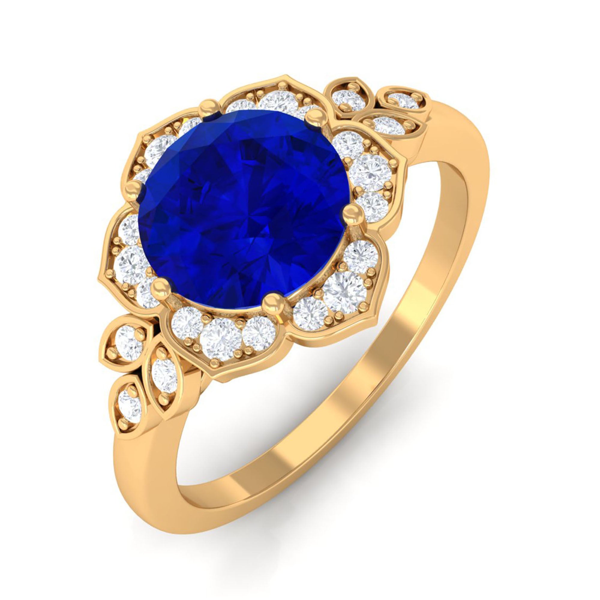 Vibrant Grown Labs-Round Created Blue Sapphire Flower Engagement Ring with Diamond