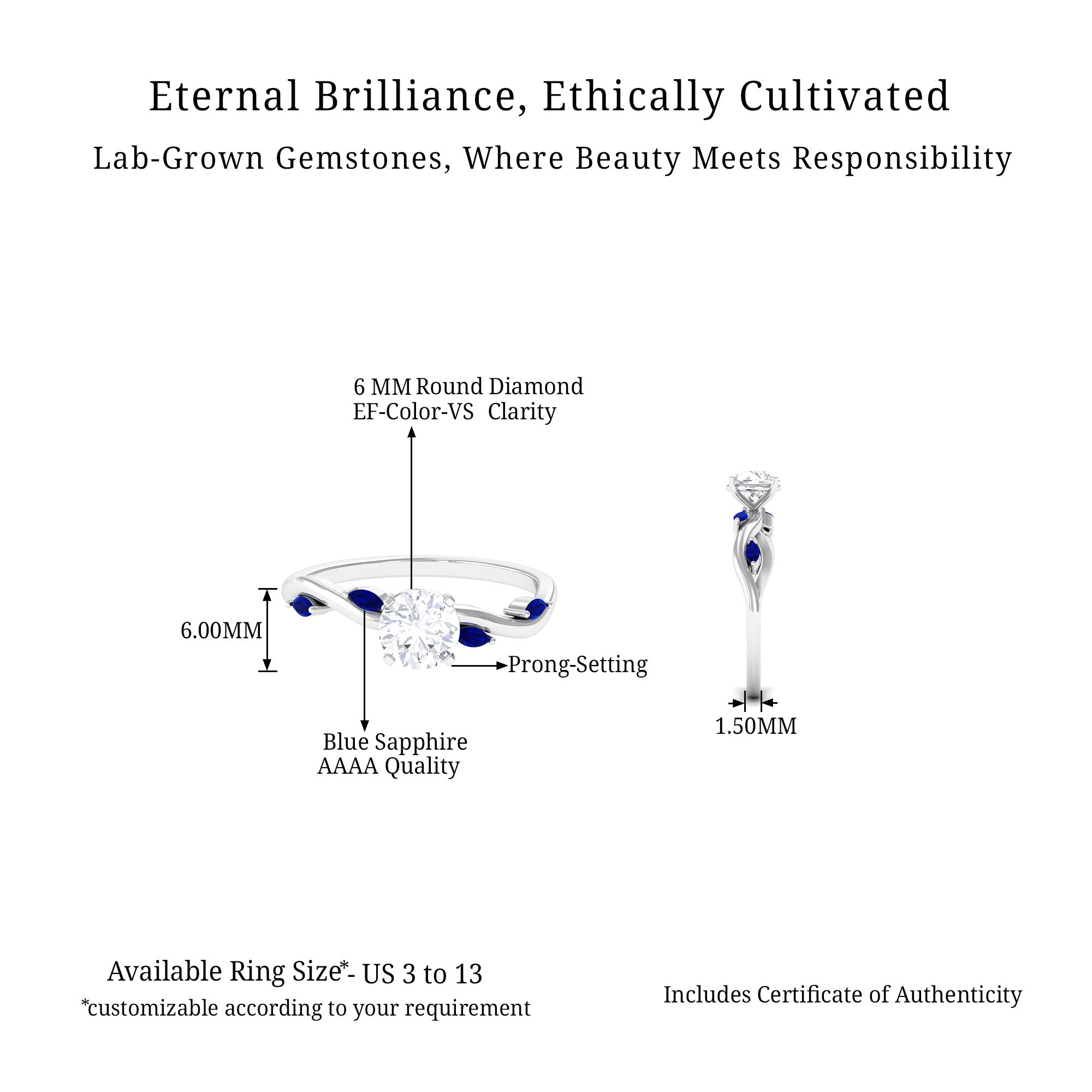 Nature Inspired Lab Grown Diamond Promise Ring with Sapphire Lab Grown Diamond - ( EF-VS ) - Color and Clarity - Vibrant Grown Labs