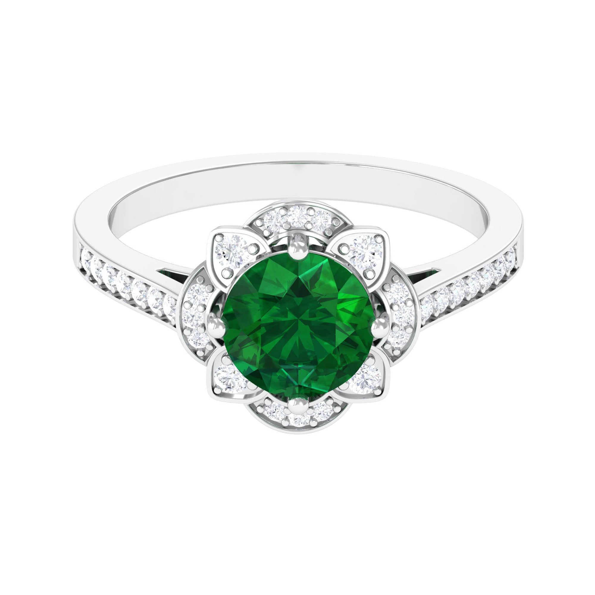 Vibrant Grown Labs-Lab Created Emerald Vintage Inspired Engagement Ring with Accent