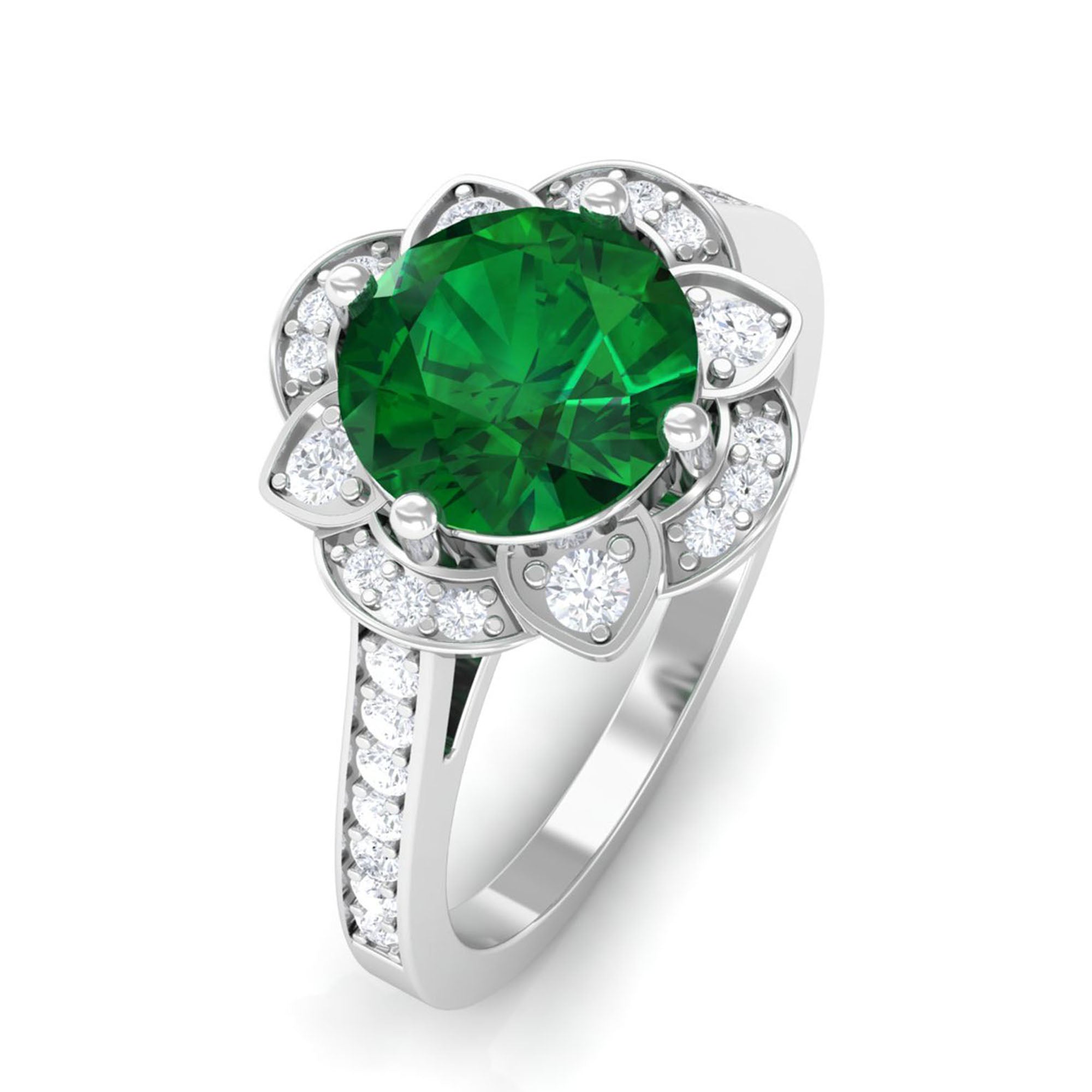 Vibrant Grown Labs-Lab Created Emerald Vintage Inspired Engagement Ring with Accent