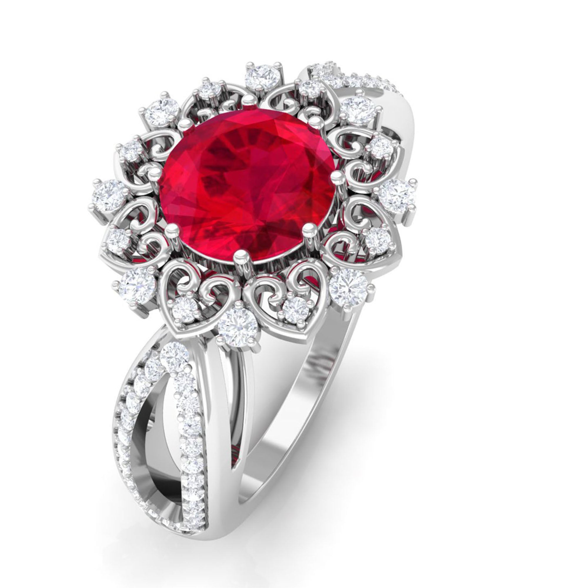 Lab Created Ruby Statement Engagement Ring with Accent Lab Created Ruby - ( AAAA ) - Quality - Vibrant Grown Labs