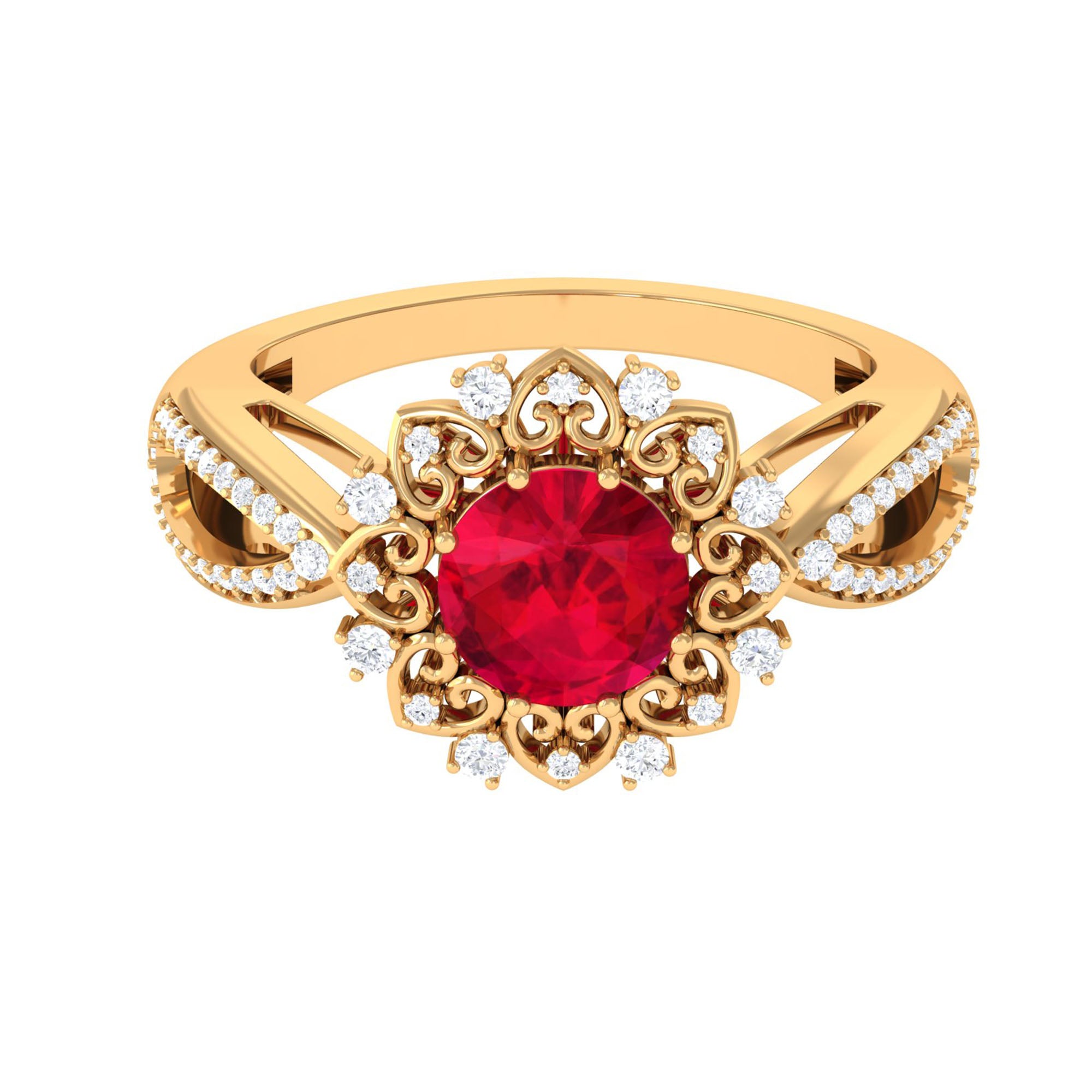 Lab Created Ruby Statement Engagement Ring with Accent Lab Created Ruby - ( AAAA ) - Quality - Vibrant Grown Labs