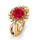 Lab Created Ruby Statement Engagement Ring with Accent Lab Created Ruby - ( AAAA ) - Quality - Vibrant Grown Labs