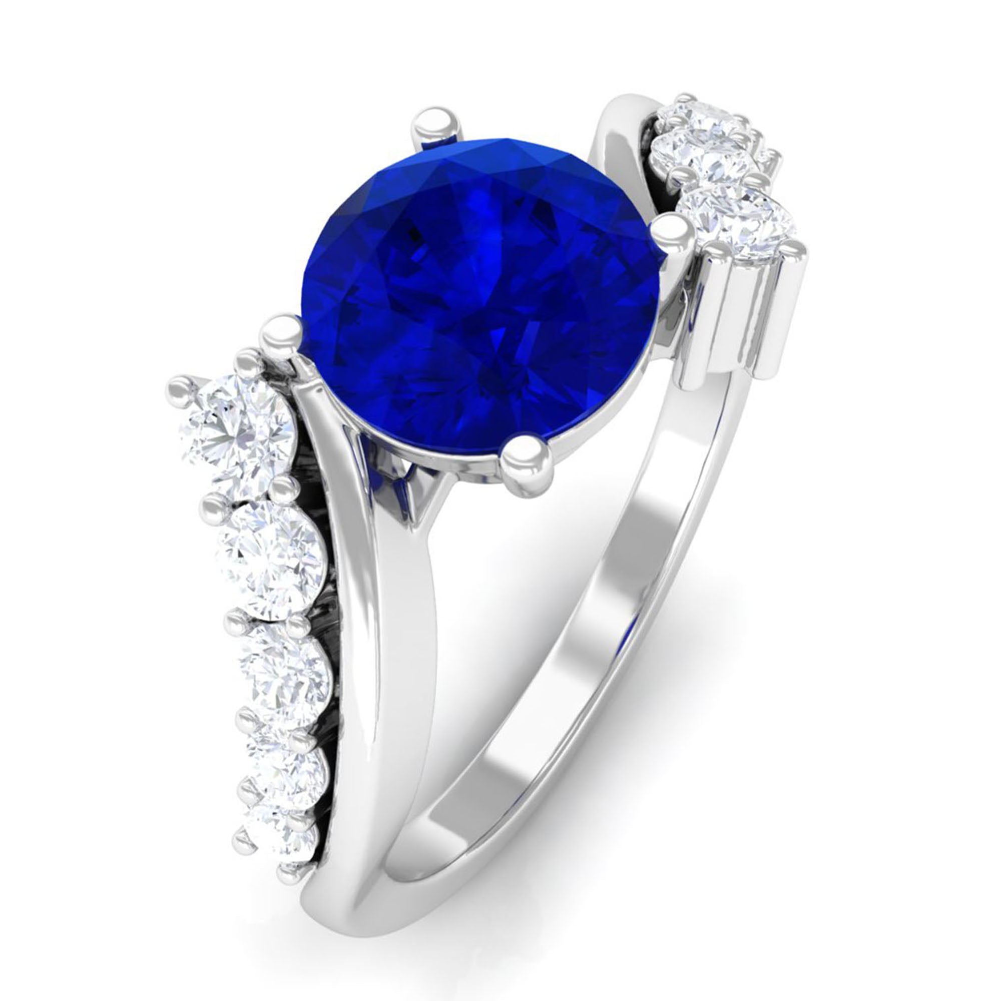 Designer Lab Grown Blue Sapphire Engagement Ring Lab Created Blue Sapphire - ( AAAA ) - Quality - Vibrant Grown Labs