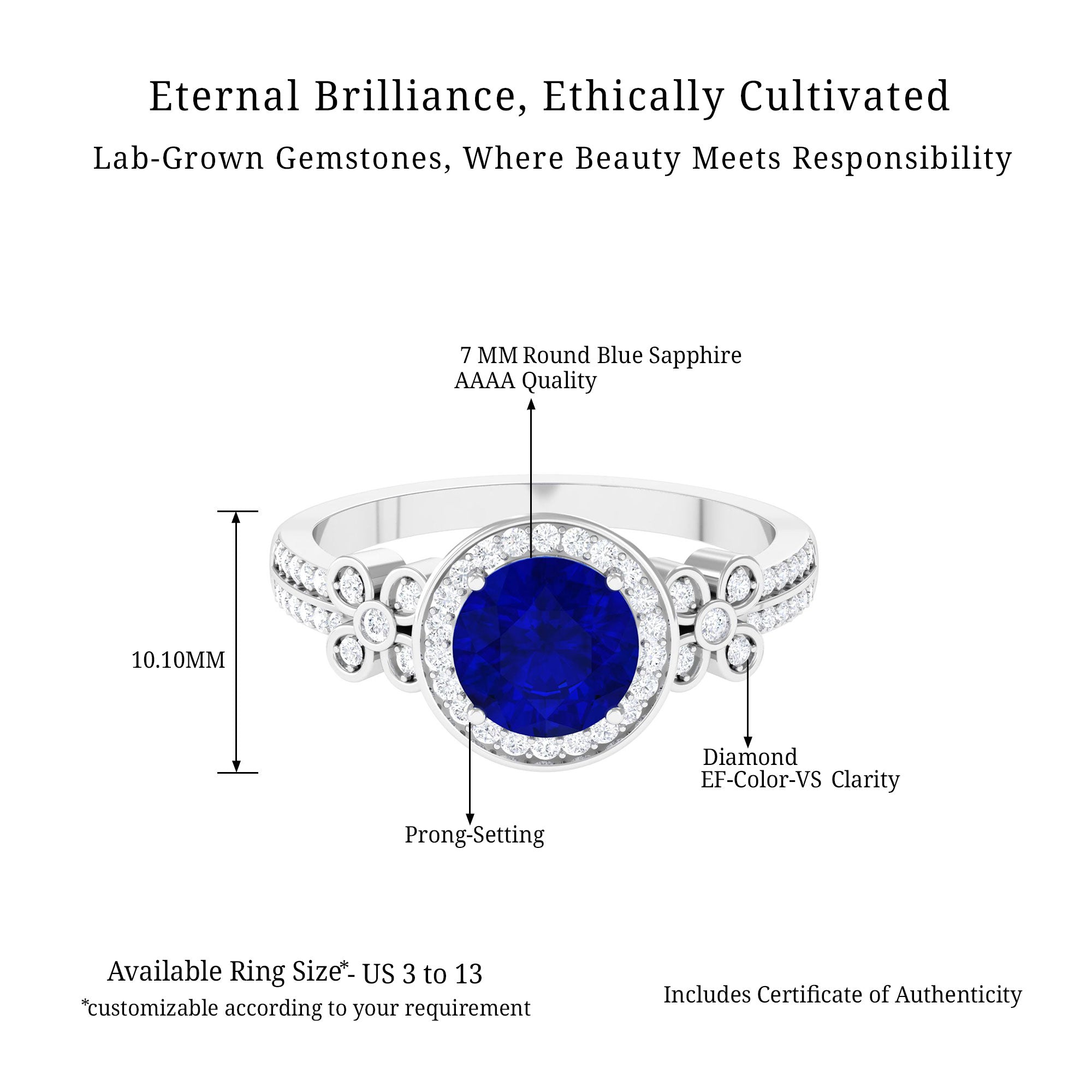 Vibrant Grown Labs-Round Shape Lab Grown Blue Sapphire with Accent