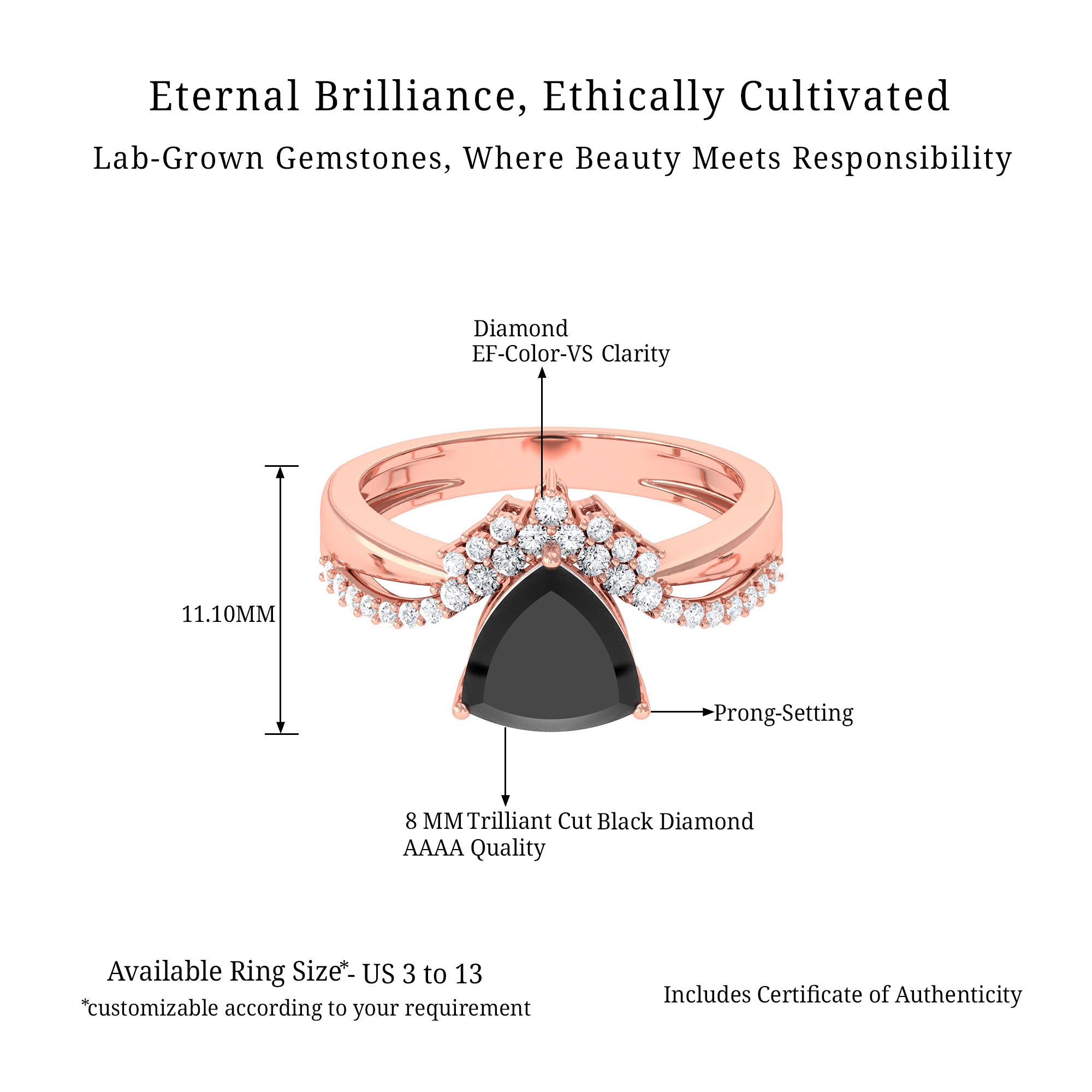 Vibrant Grown Labs-Trilliant Cut Created Black Diamond Solitaire Engagement Ring