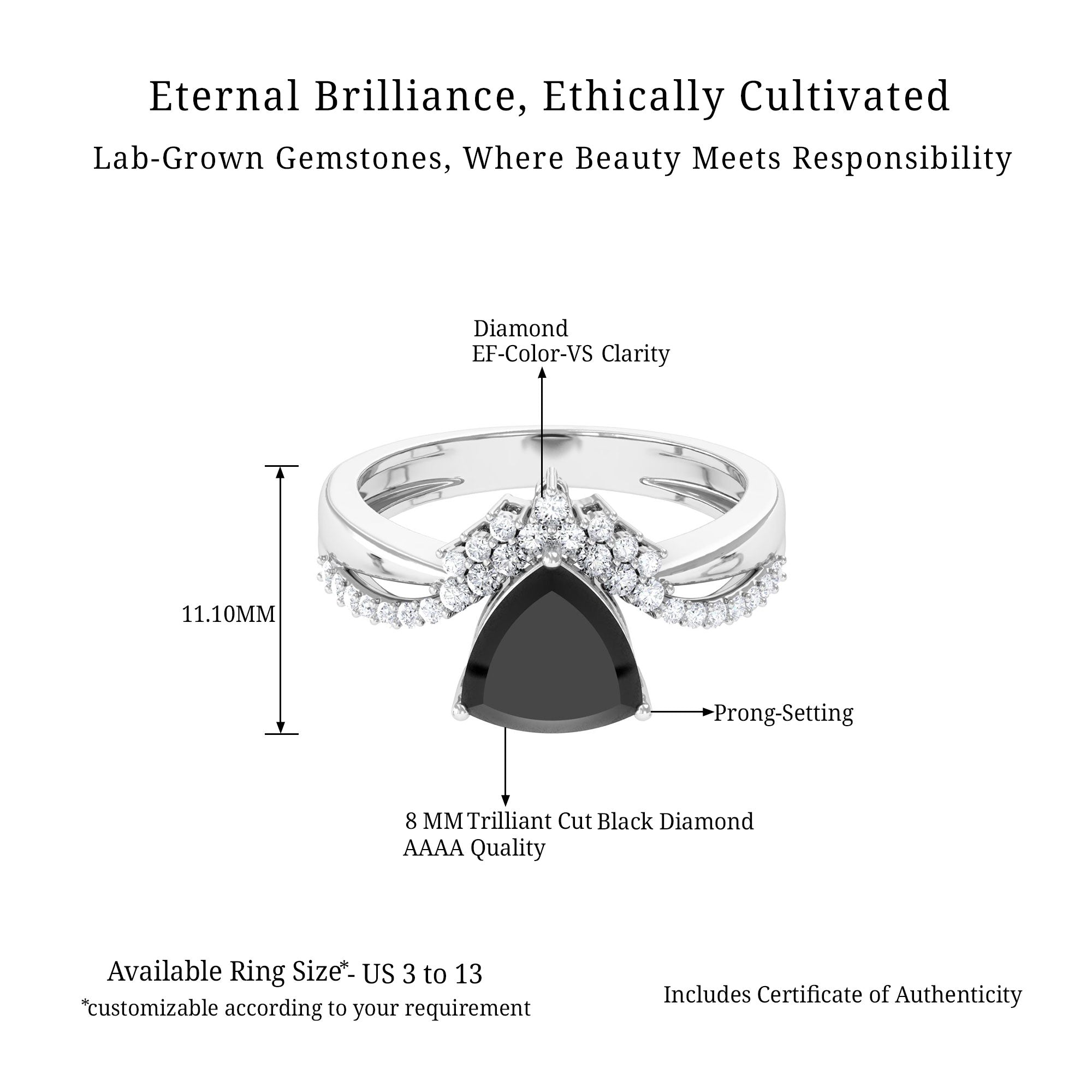 Vibrant Grown Labs-Trilliant Cut Created Black Diamond Solitaire Engagement Ring