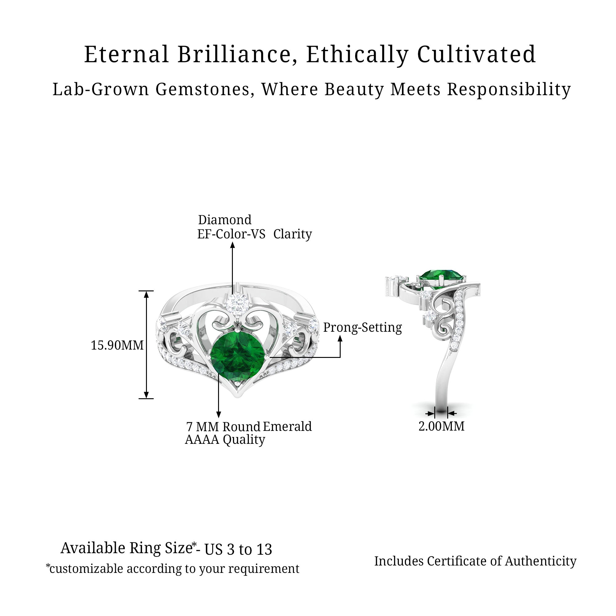 Classic Lab Grown Emerald Crown Engagement Ring Lab Created Emerald - ( AAAA ) - Quality - Vibrant Grown Labs