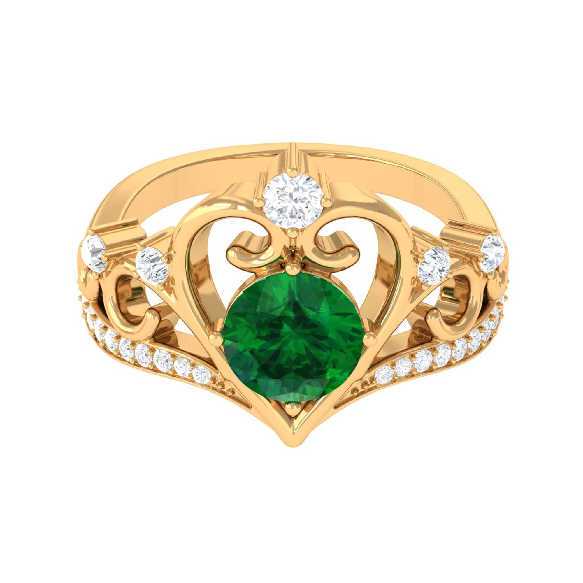 Classic Lab Grown Emerald Crown Engagement Ring Lab Created Emerald - ( AAAA ) - Quality - Vibrant Grown Labs