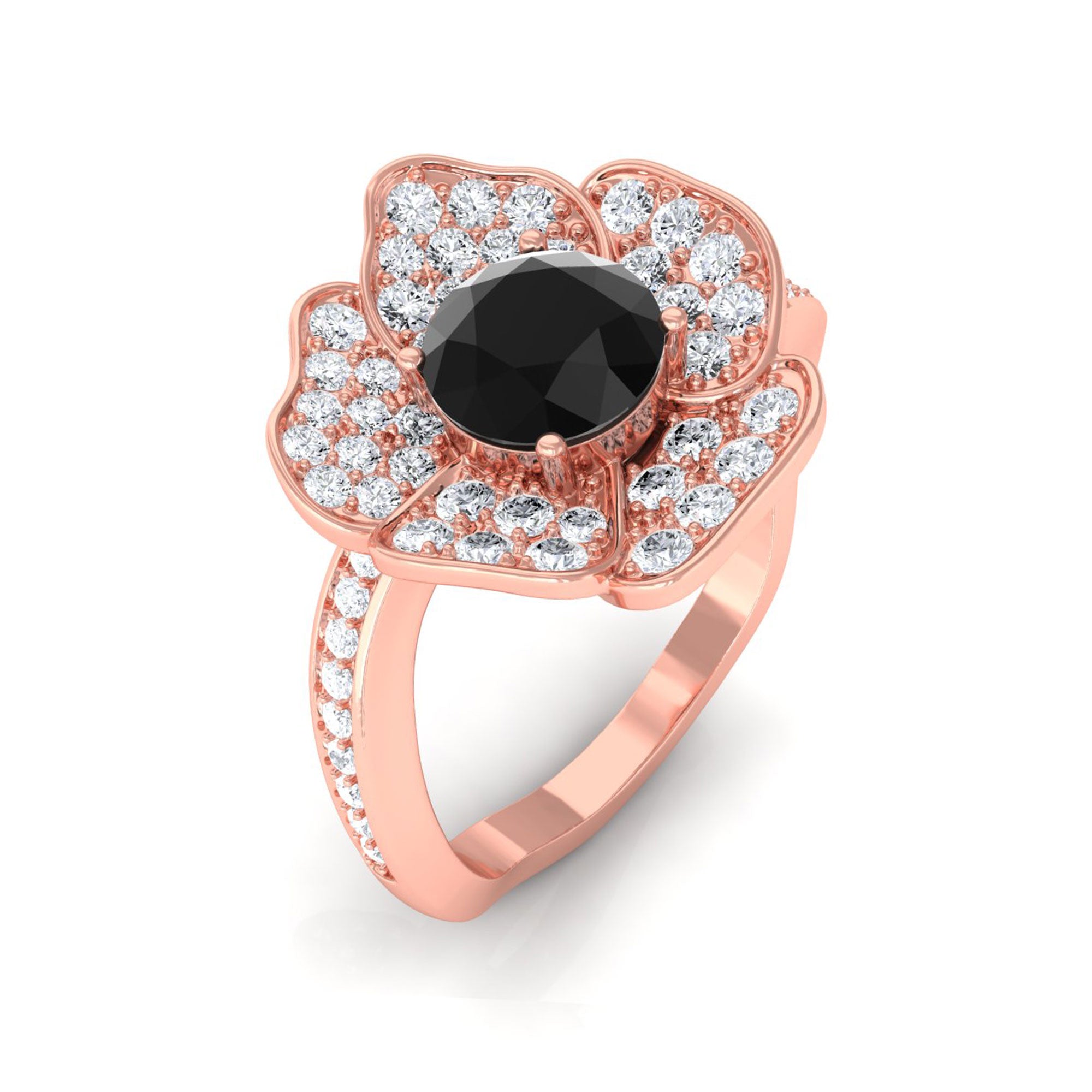 Vibrant Grown Labs-Lab Grown Black Diamond Floral Engagement Ring with Accent