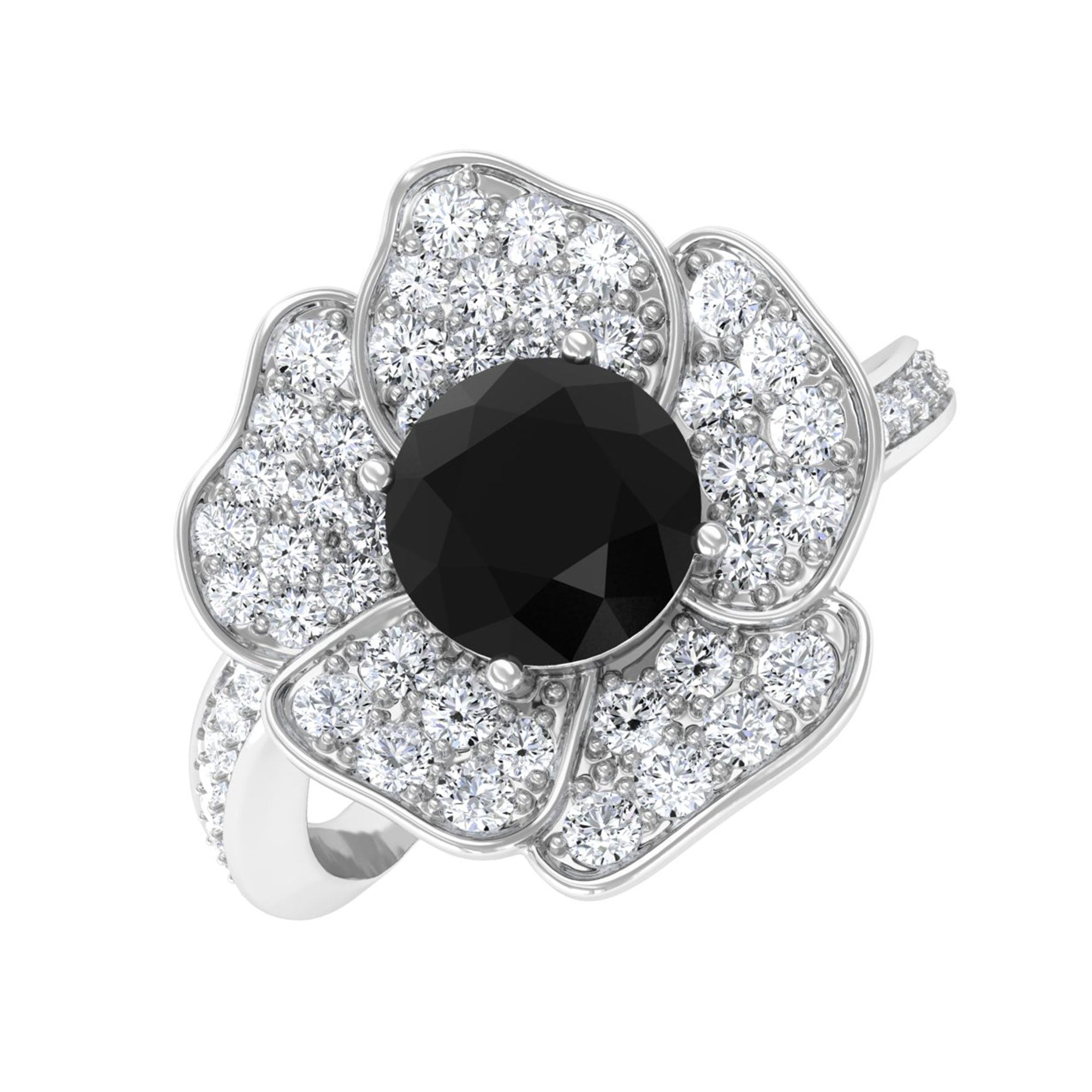 Vibrant Grown Labs-Lab Grown Black Diamond Floral Engagement Ring with Accent