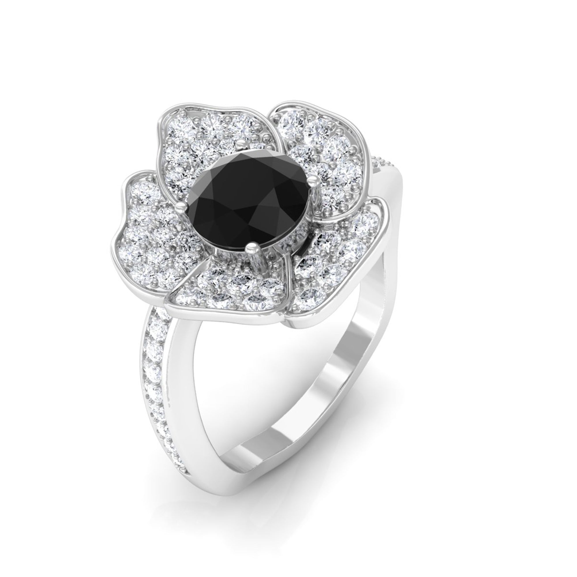 Vibrant Grown Labs-Lab Grown Black Diamond Floral Engagement Ring with Accent