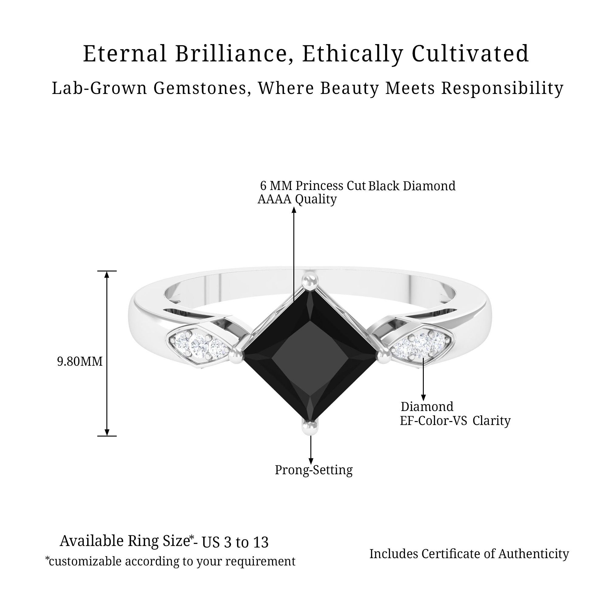 Vibrant Grown Labs-Princess Cut Lab Grown Black Diamond Solitaire Promise Ring