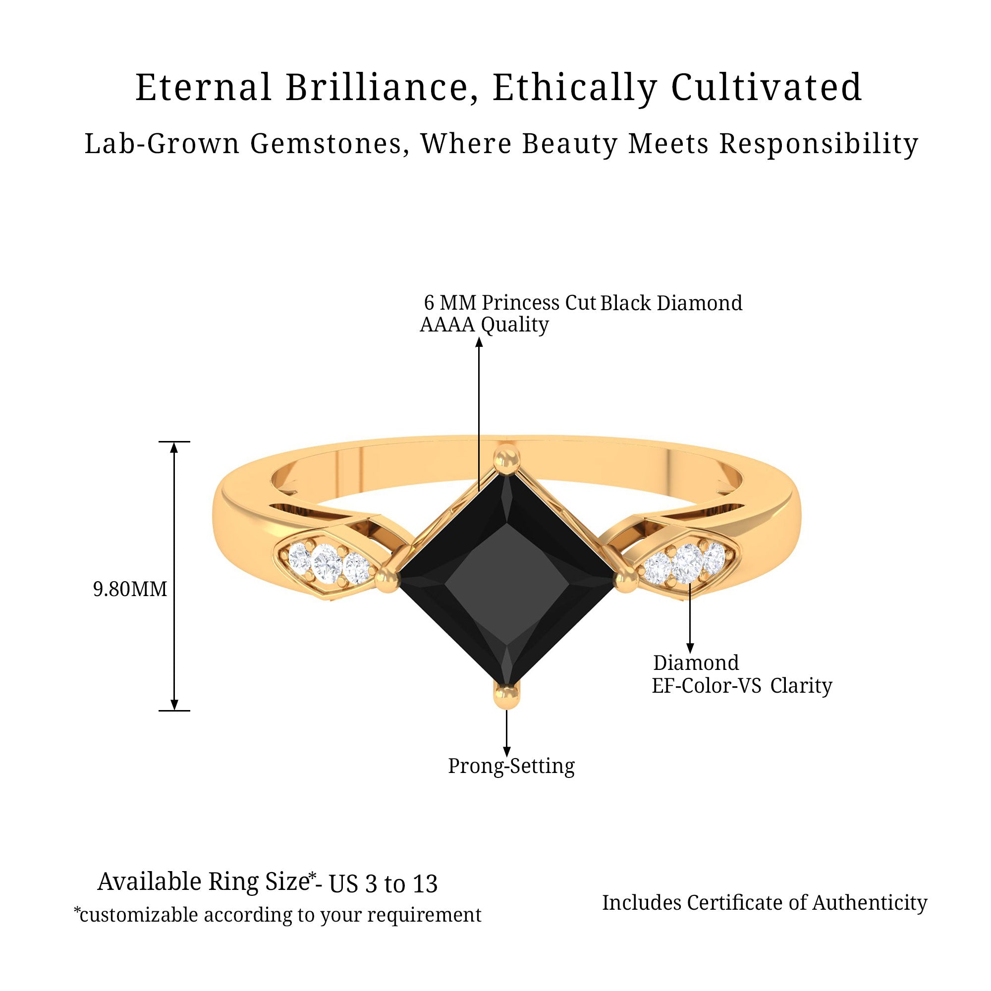 Vibrant Grown Labs-Princess Cut Lab Grown Black Diamond Solitaire Promise Ring