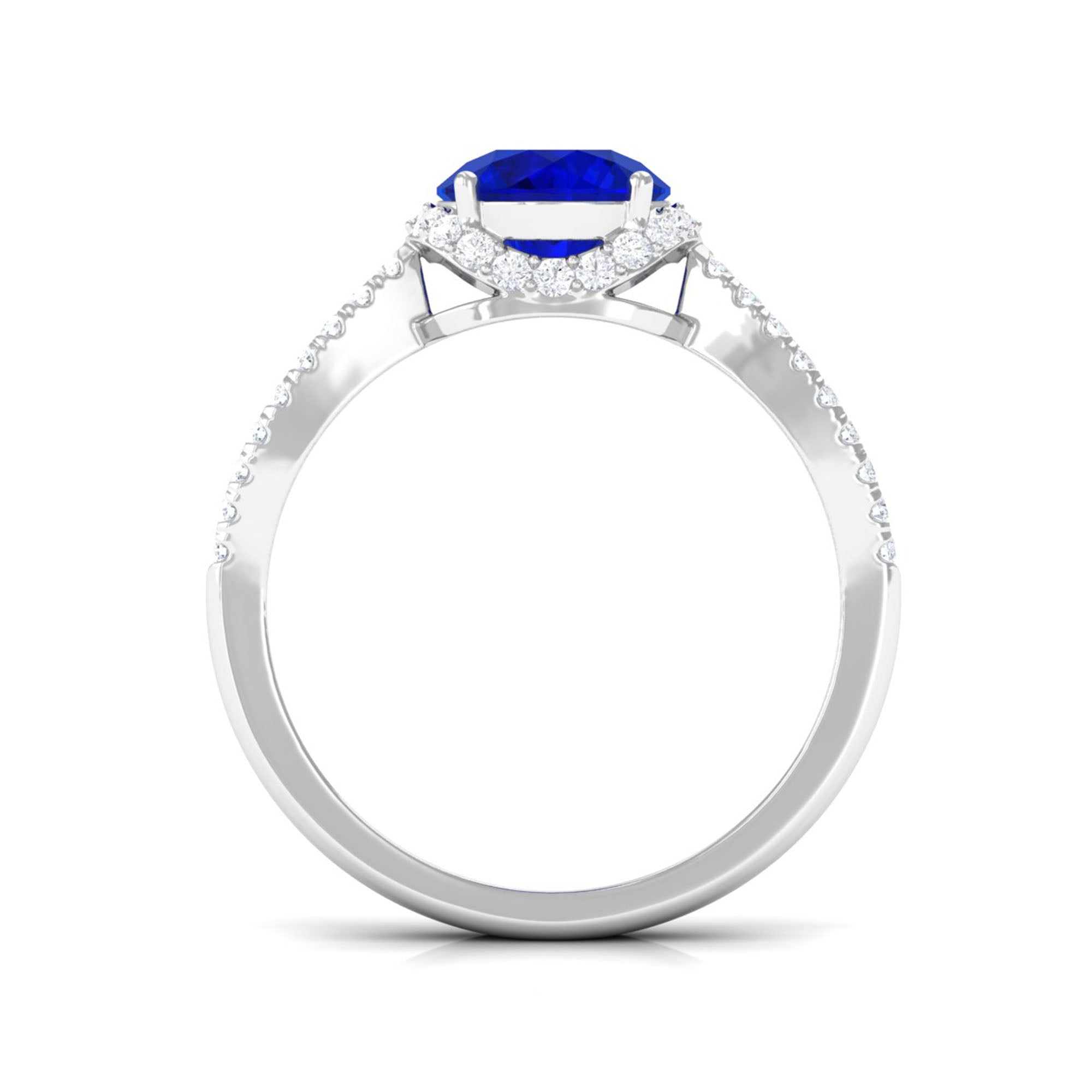 Round Lab Grown Blue Sapphire Engagement Ring with Accent Lab Created Blue Sapphire - ( AAAA ) - Quality - Vibrant Grown Labs