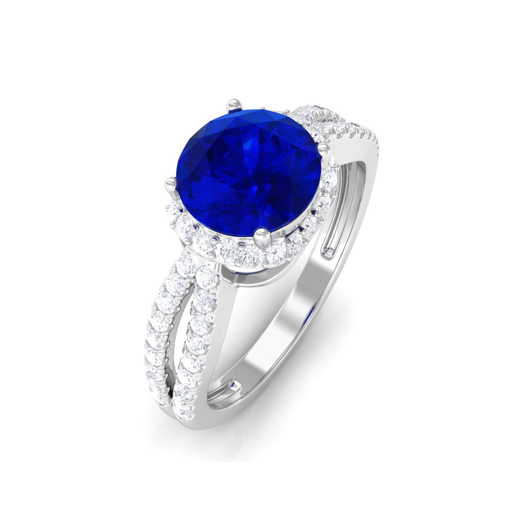 Round Lab Grown Blue Sapphire Engagement Ring with Accent Lab Created Blue Sapphire - ( AAAA ) - Quality - Vibrant Grown Labs