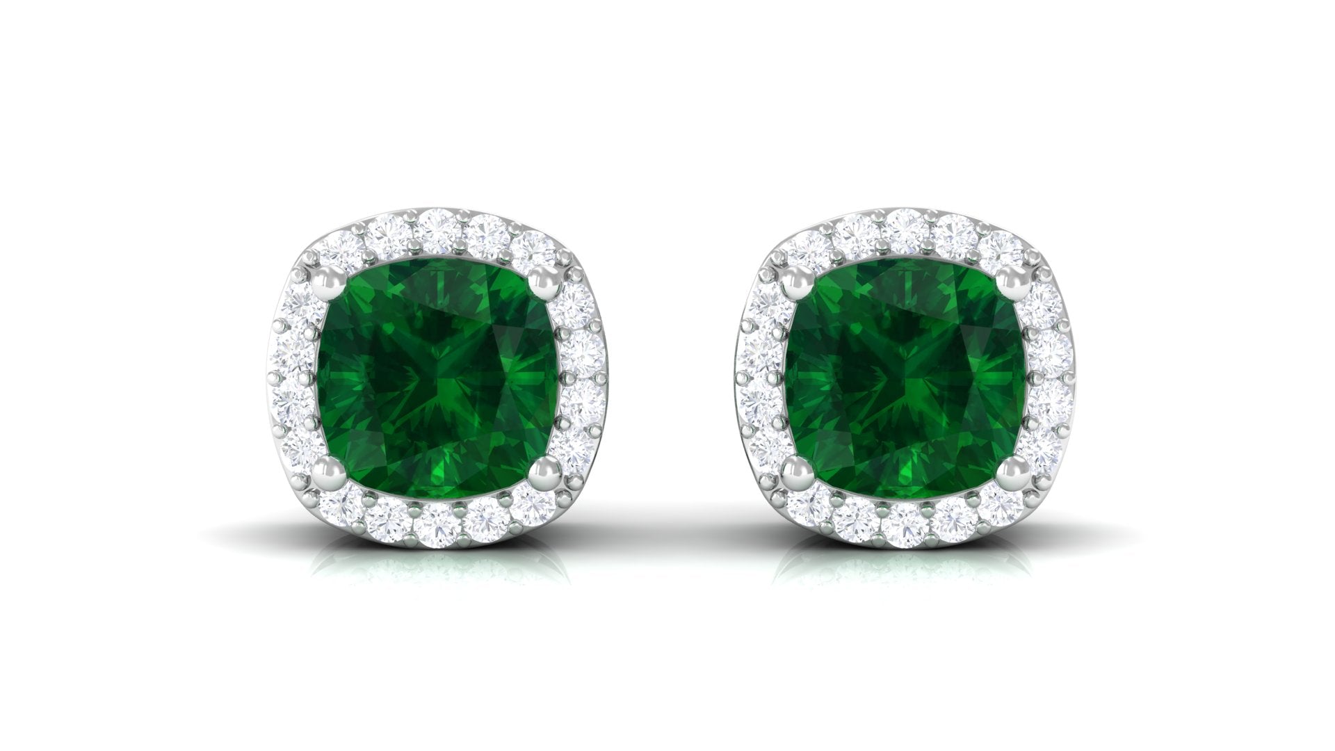 Cushion Cut Lab Grown Emerald Stud Earrings With Halo Lab Created Emerald - ( AAAA ) - Quality - Vibrant Grown Labs