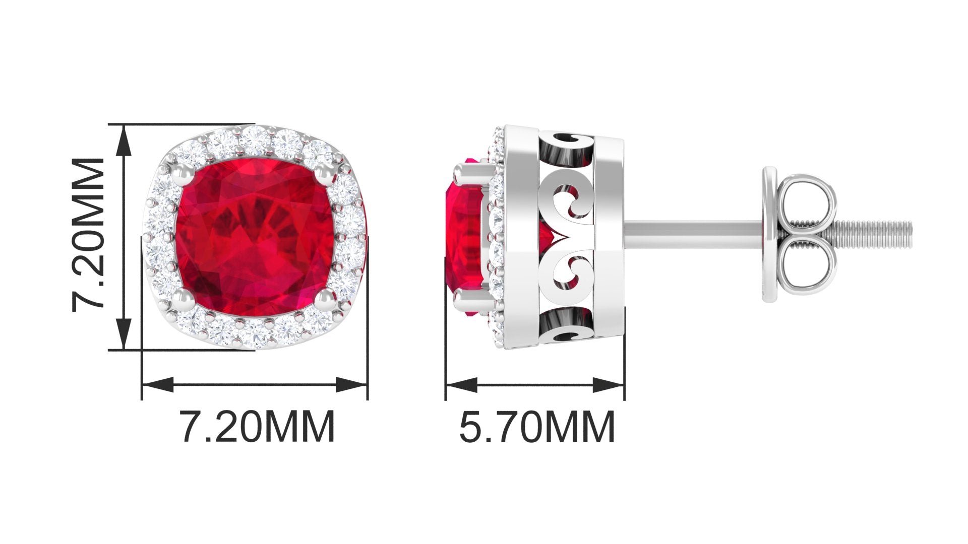 Cushion Shaped Lab Grown Ruby Classic Stud Earrings with Halo Lab Created Ruby - ( AAAA ) - Quality - Vibrant Grown Labs