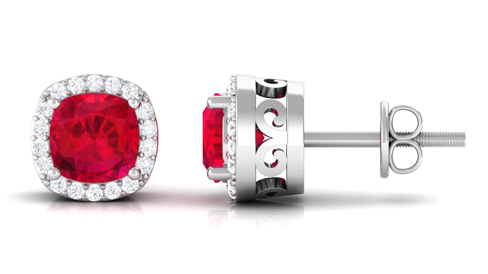 Cushion Shaped Lab Grown Ruby Classic Stud Earrings with Halo Lab Created Ruby - ( AAAA ) - Quality - Vibrant Grown Labs