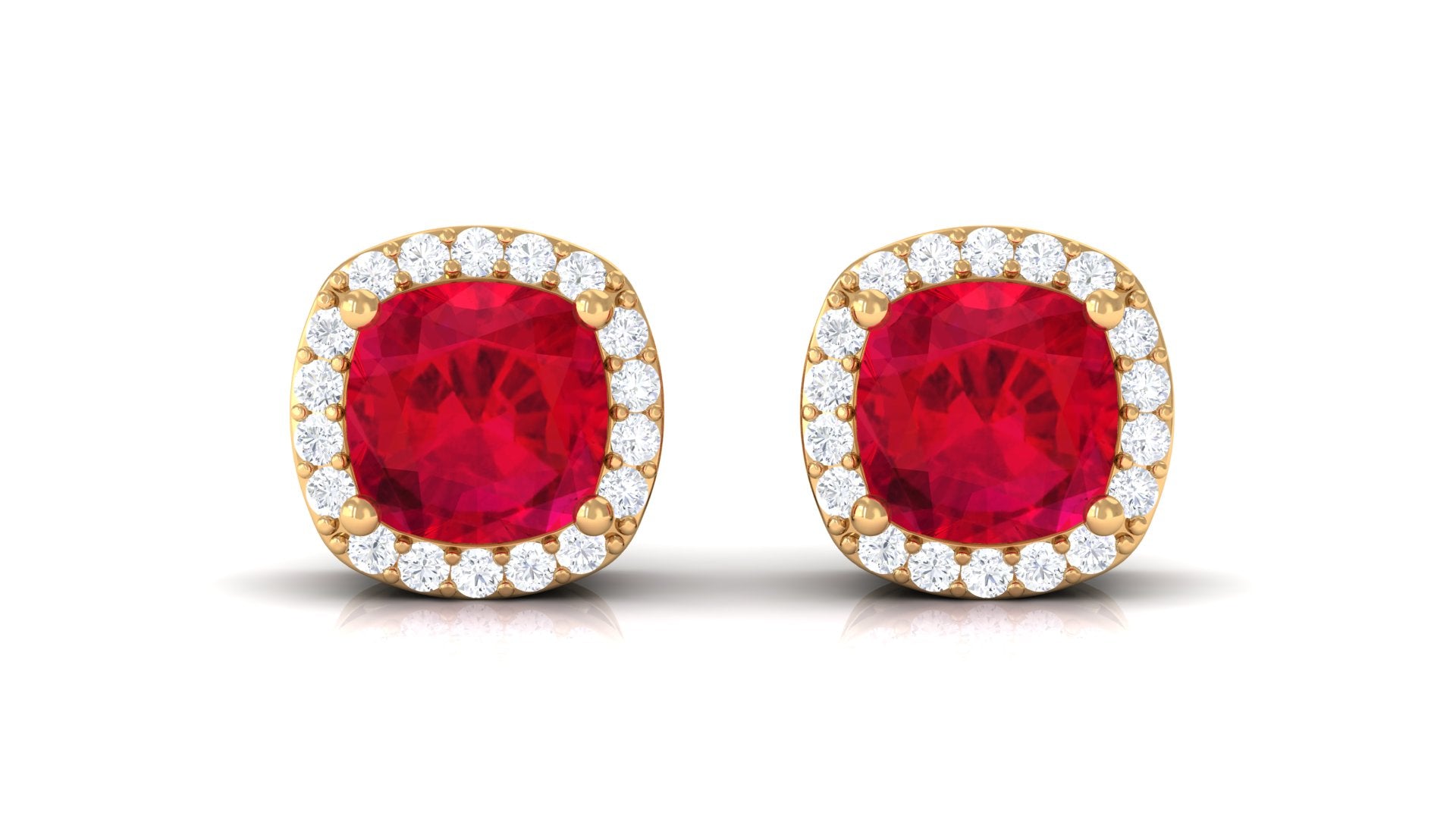 Cushion Shaped Lab Grown Ruby Classic Stud Earrings with Halo Lab Created Ruby - ( AAAA ) - Quality - Vibrant Grown Labs