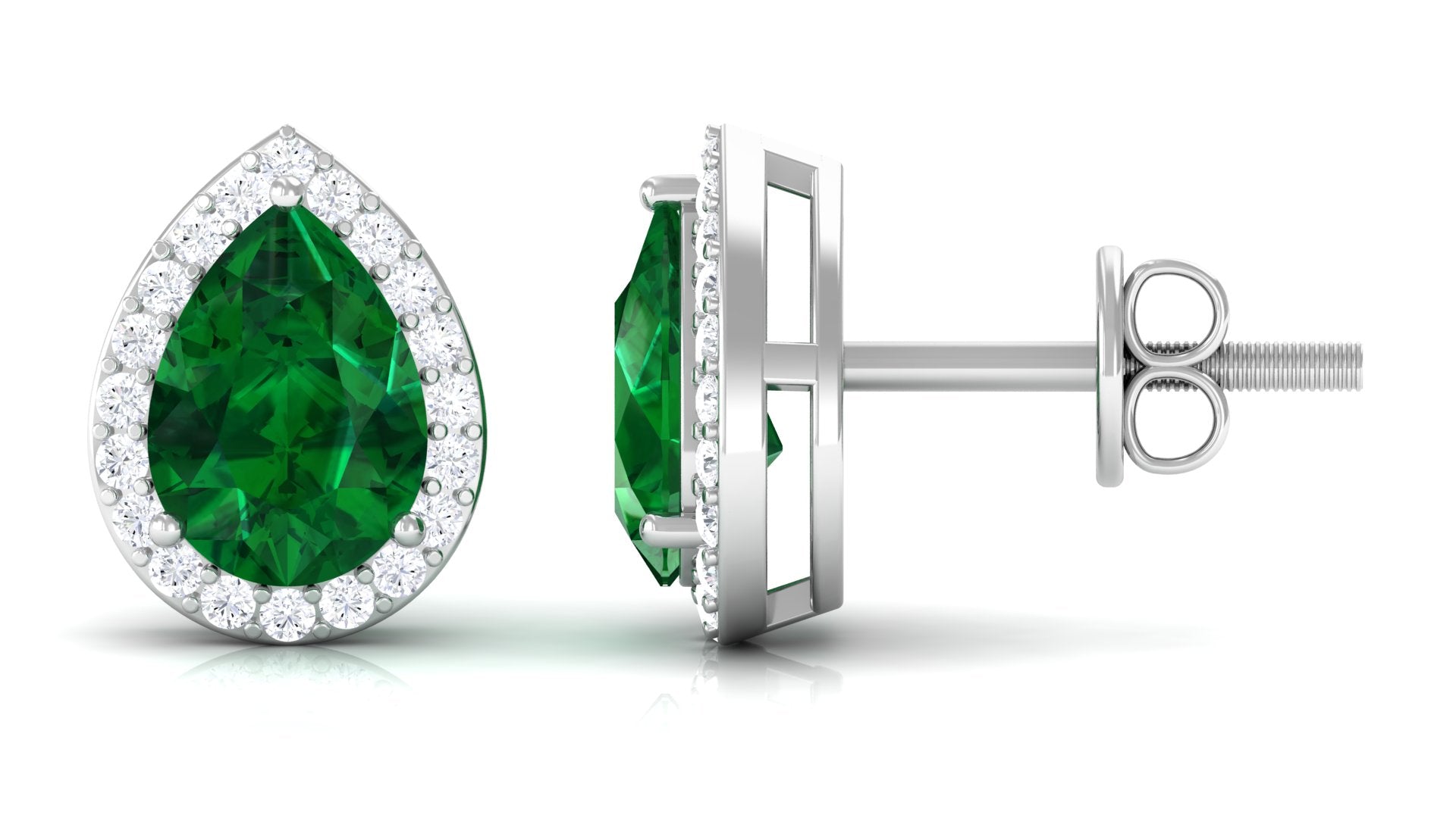 Pear Shaped Lab Grown Emerald Halo Stud Earrings Lab Created Emerald - ( AAAA ) - Quality - Vibrant Grown Labs