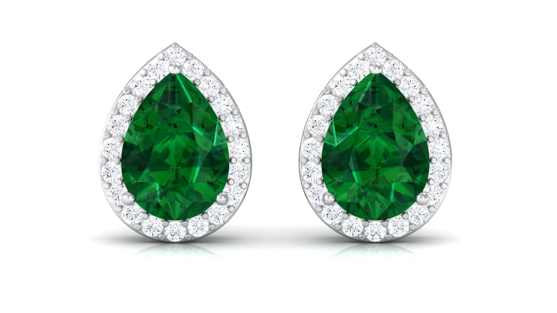 Pear Shaped Lab Grown Emerald Halo Stud Earrings Lab Created Emerald - ( AAAA ) - Quality - Vibrant Grown Labs