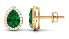 Pear Shaped Lab Grown Emerald Halo Stud Earrings Lab Created Emerald - ( AAAA ) - Quality - Vibrant Grown Labs