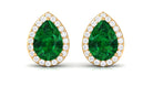 Pear Shaped Lab Grown Emerald Halo Stud Earrings Lab Created Emerald - ( AAAA ) - Quality - Vibrant Grown Labs