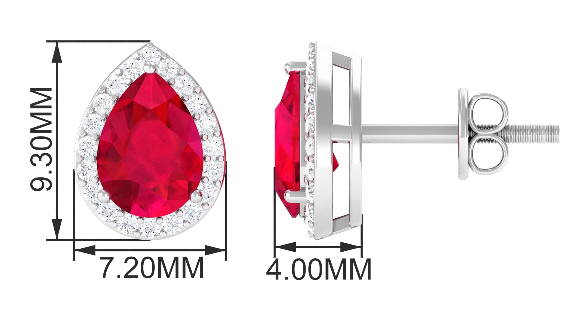 Pear Shape Lab Grown Ruby Teardrop Stud Earrings with Halo Lab Created Ruby - ( AAAA ) - Quality - Vibrant Grown Labs