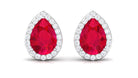 Pear Shape Lab Grown Ruby Teardrop Stud Earrings with Halo Lab Created Ruby - ( AAAA ) - Quality - Vibrant Grown Labs