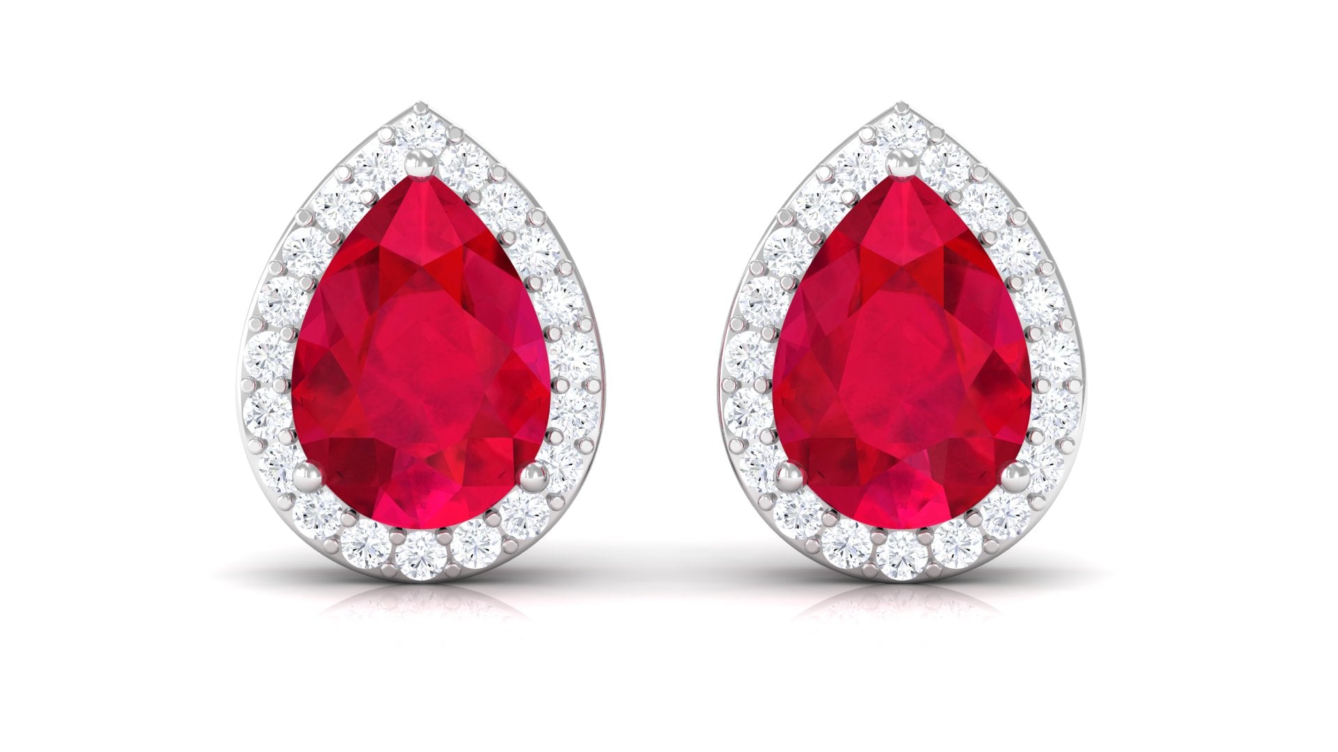 Pear Shape Lab Grown Ruby Teardrop Stud Earrings with Halo Lab Created Ruby - ( AAAA ) - Quality - Vibrant Grown Labs