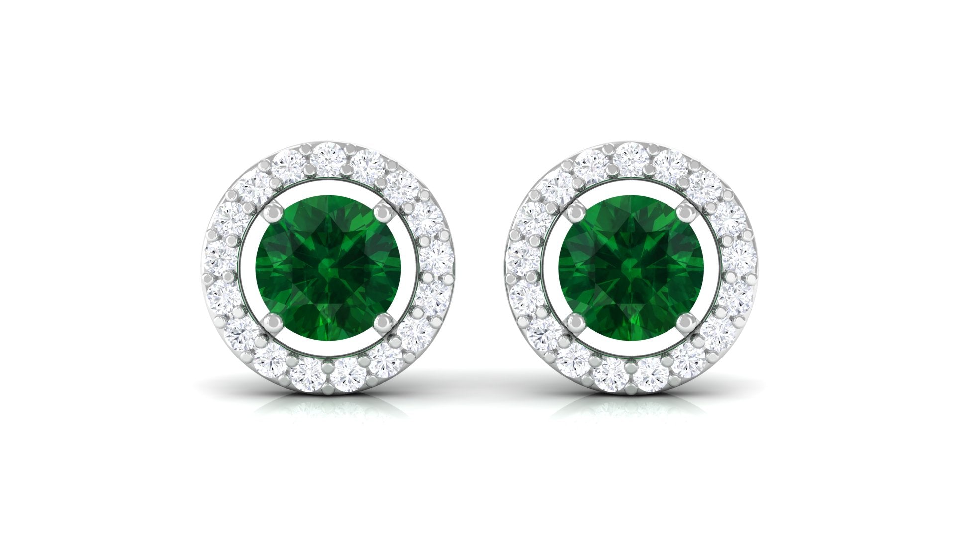 Lab Grown Emerald Stud Earrings With Halo Lab Created Emerald - ( AAAA ) - Quality - Vibrant Grown Labs