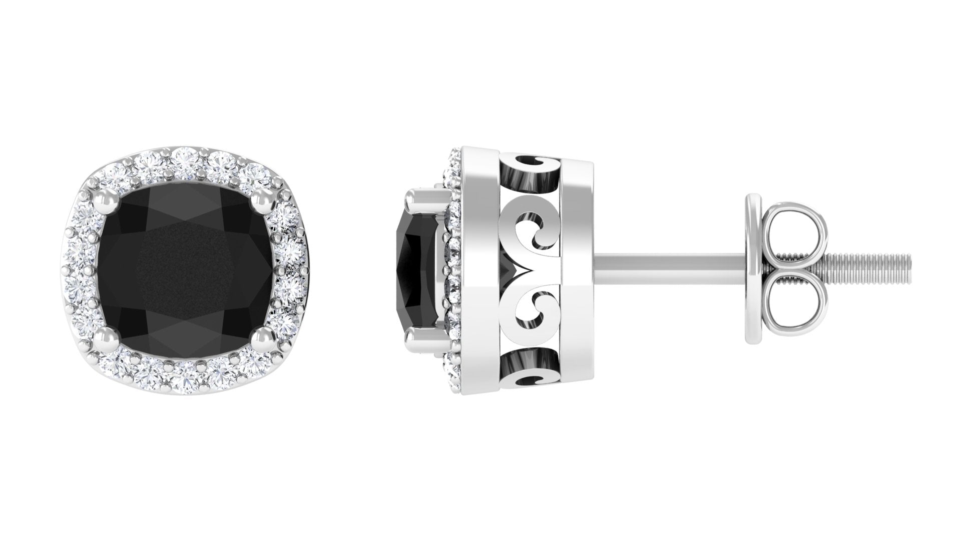 Classic Cushion Cut Lab Grown Black Diamond Stud Earrings with Halo Lab Created Black Diamond - ( AAAA ) - Quality - Vibrant Grown Labs